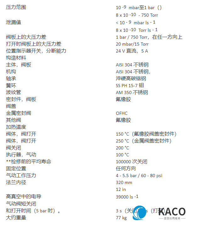 GV氣動真空插板閥參數(shù)